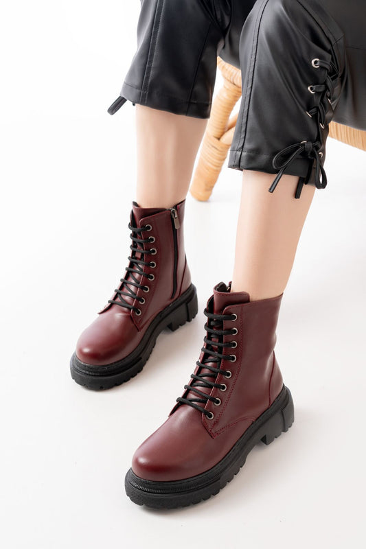 Ayakkabı Aşkı Bordo Bağcıklı Fermuarlı Günlük Kadın Bot