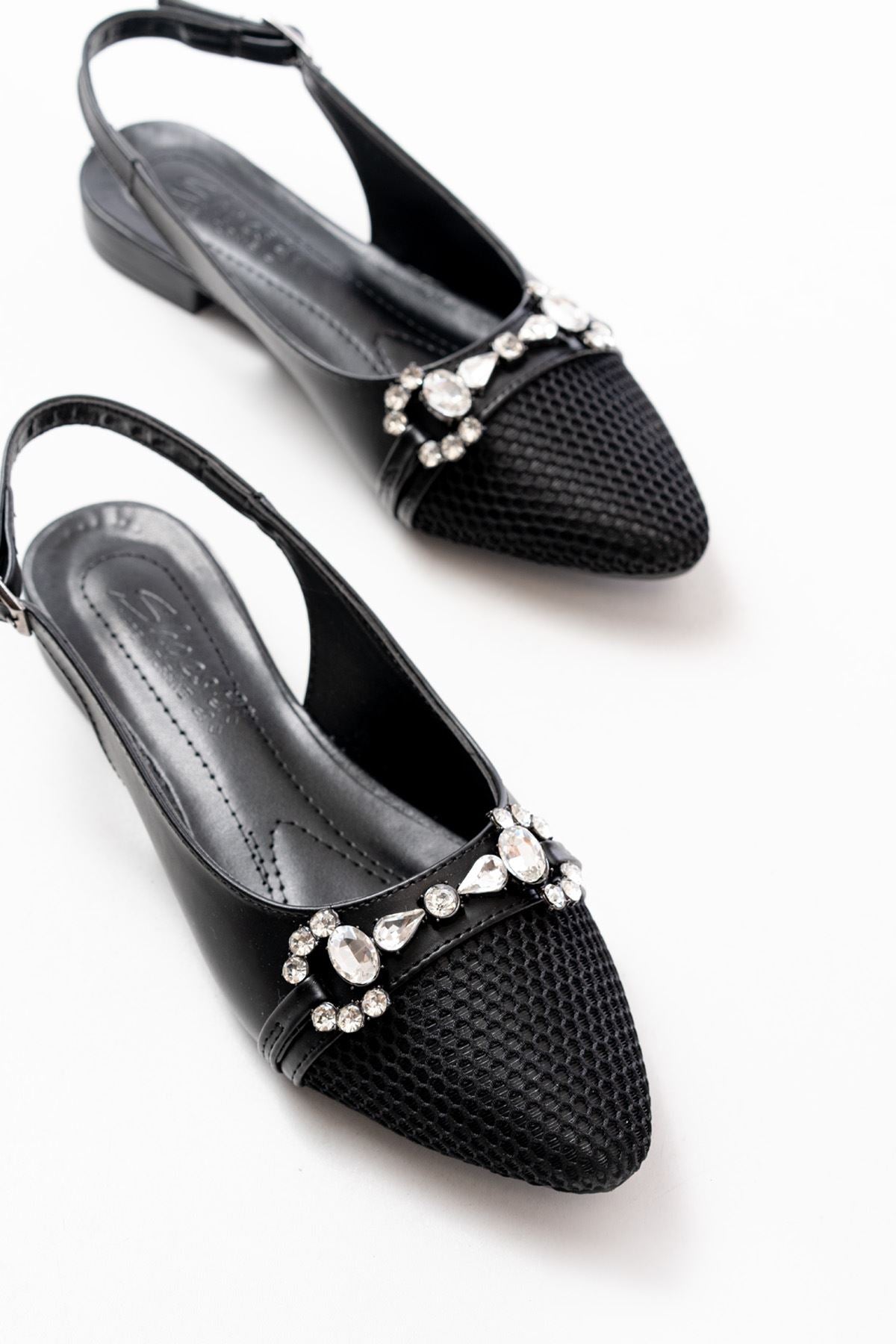 Ayakkabı Aşkı İNF-12 Siyah Günlük Fileli Taş Aksesuarlı Kadın Babet