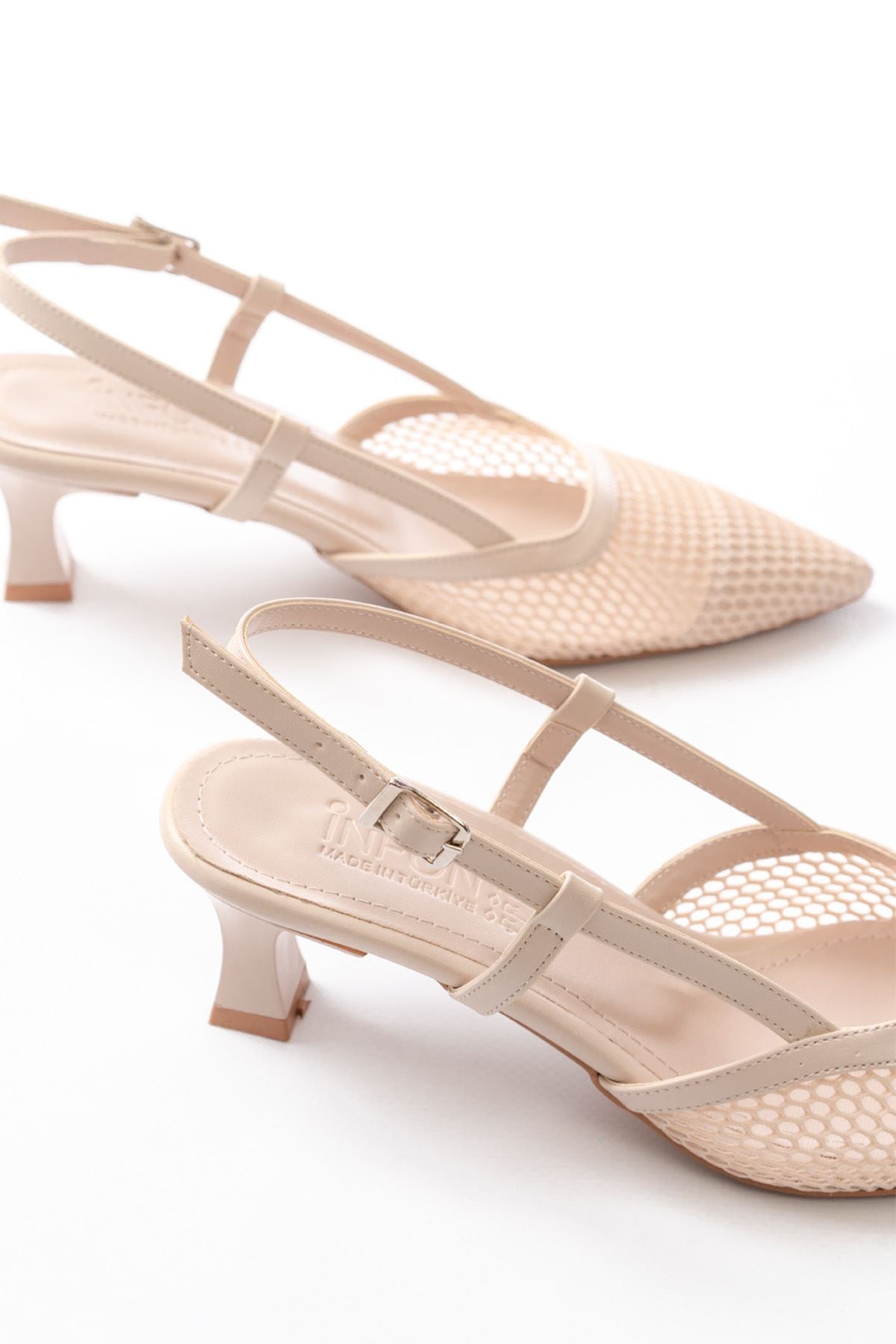 K-607 Bej Günlük Fileli Arkası Açık 7 cm Topuklu Bayan Ayakkabı - Bej