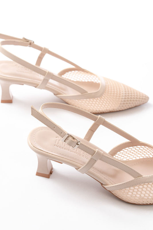 K-607 Bej Günlük Fileli Arkası Açık 7 cm Topuklu Bayan Ayakkabı - Bej