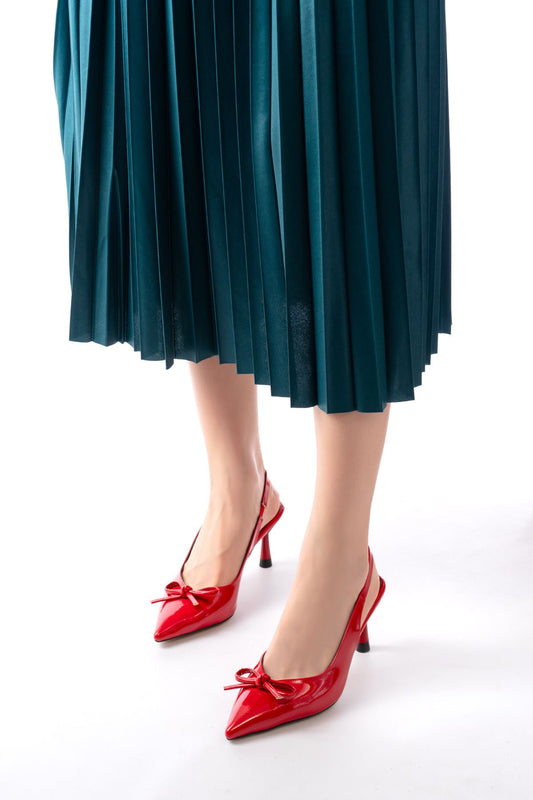 Ayakkabı Aşkı İNF-45 Kırmızı Rugan Günlük Arkası Açık Fiyonklu Topuklu Bayan Ayakkabı