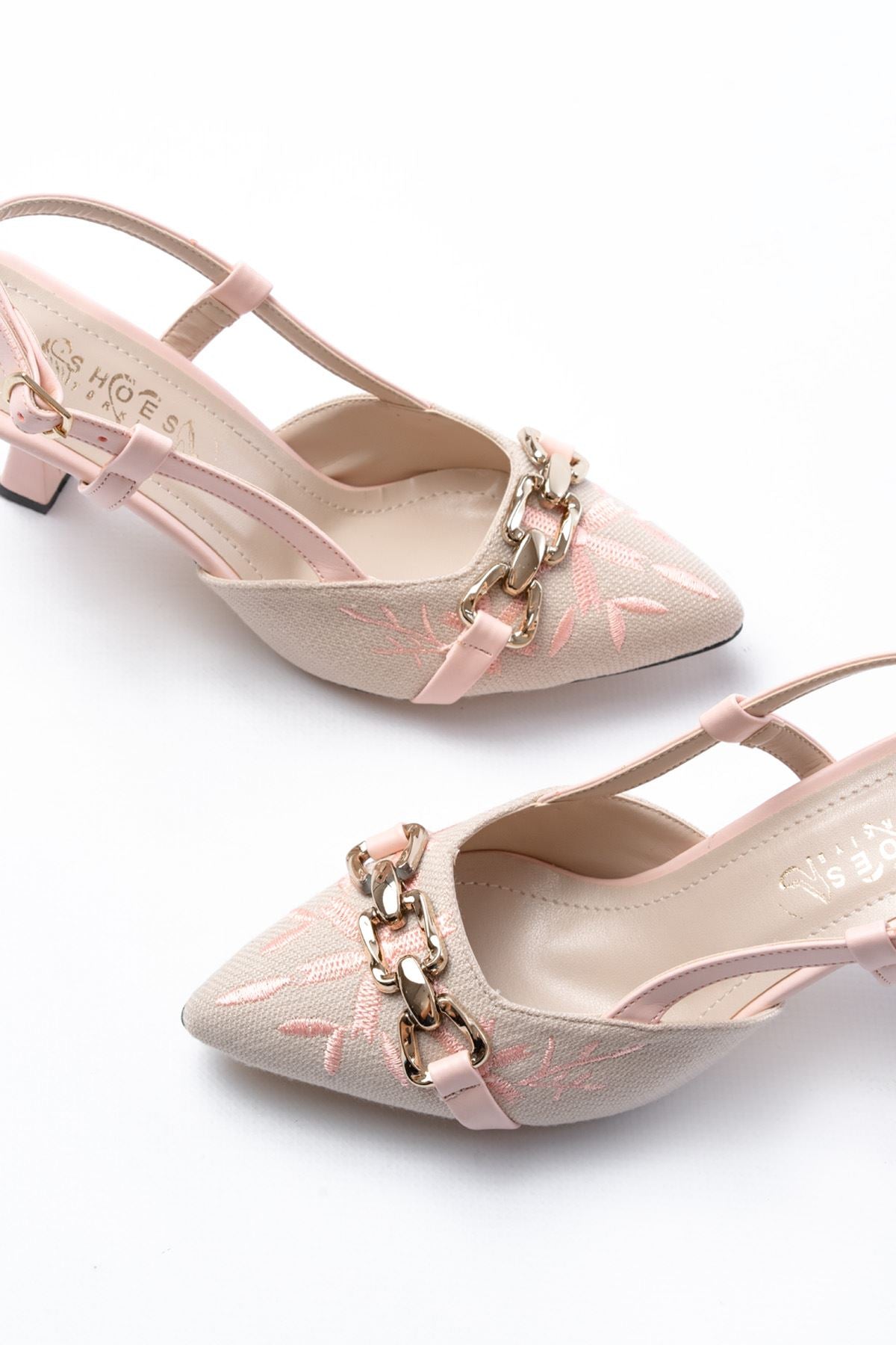 Ayakkabı Aşkı Pudra Keten Günlük Arkası Açık Tokalı Topuklu Kadın Ayakkabı