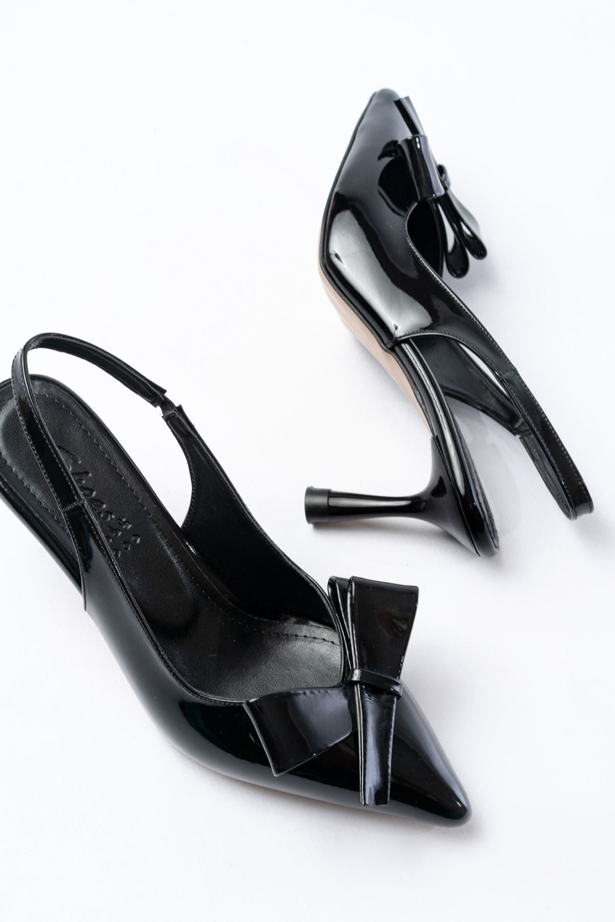 Ayakkabı Aşkı İNF-4501 Siyah Rugan Günlük Arkası Açık Fiyonklu Topuklu Bayan Ayakkabı