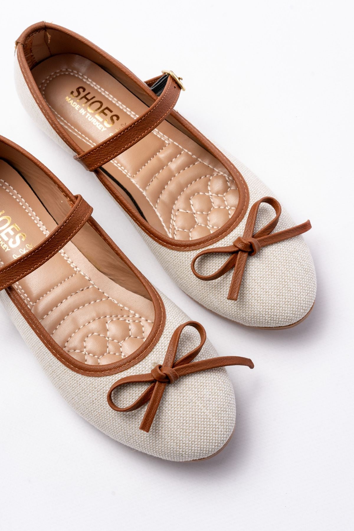 Ayakkabı Aşkı 6321 Bej Keten Günlük Baret Tokalı Bayan Babet