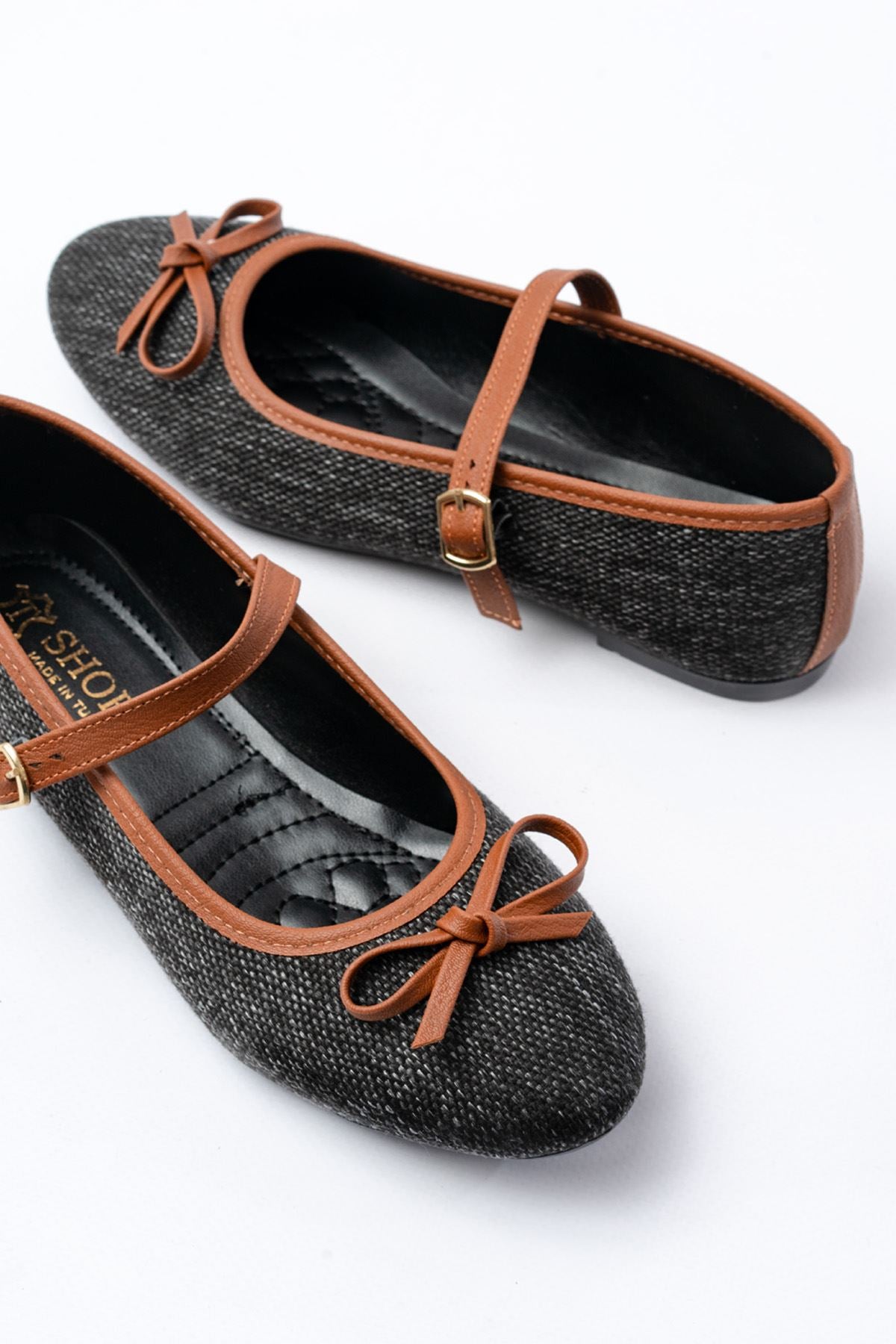 Ayakkabı Aşkı 6321 Siyah Keten Günlük Baret Tokalı Bayan Babet