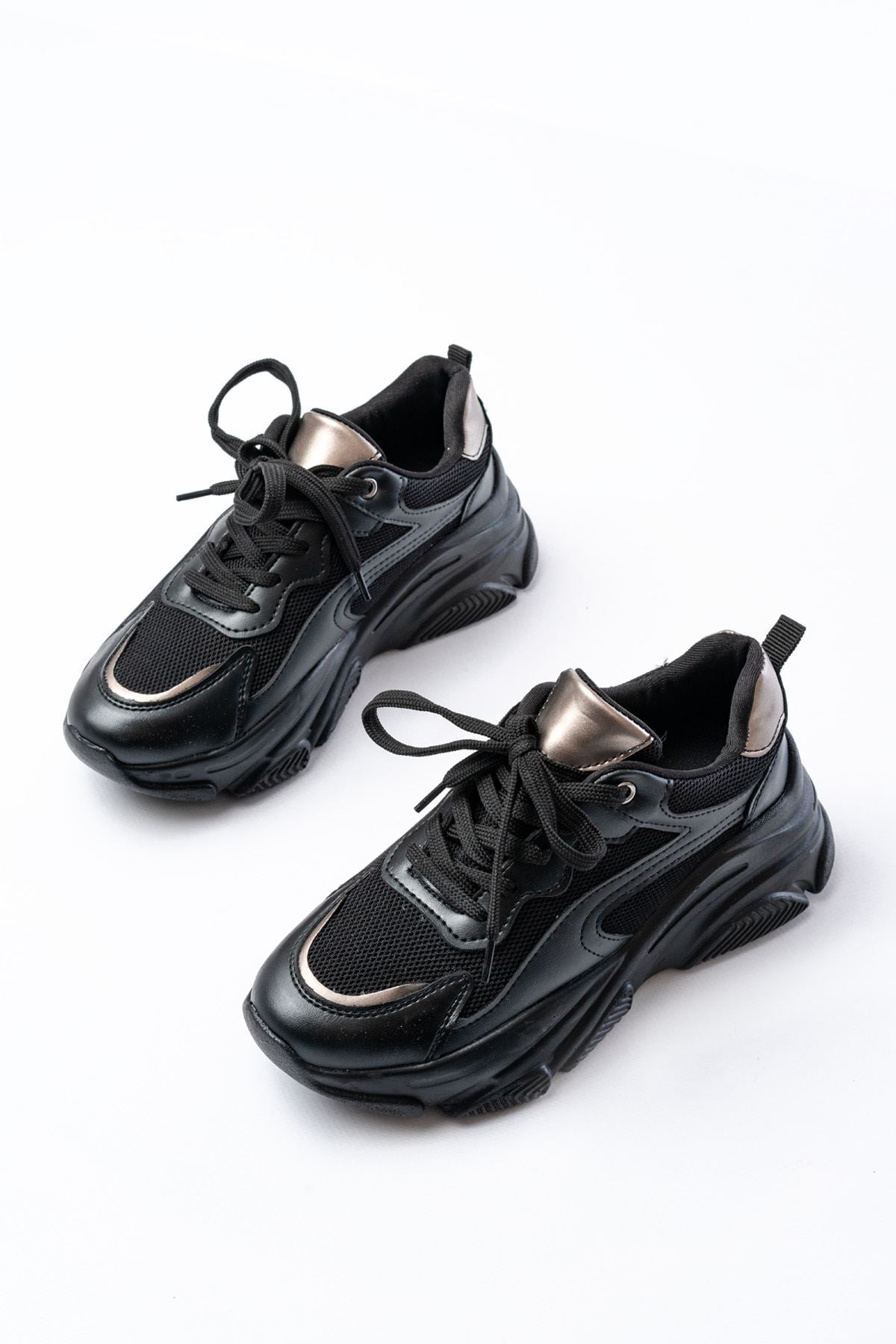 Ayakkabı Aşkı Siyah Platin Bağcıklı Fileli Günlük Spor Ayakkabı