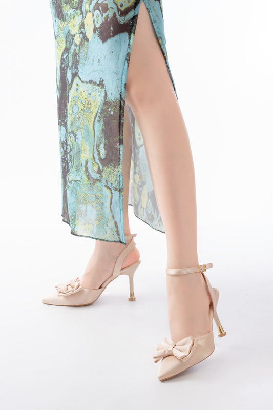Ayakkabı Aşkı İNF-4505 Bej Saten Günlük Arkası Açık Kurdele detaylı Topuklu Bayan Ayakkabı
