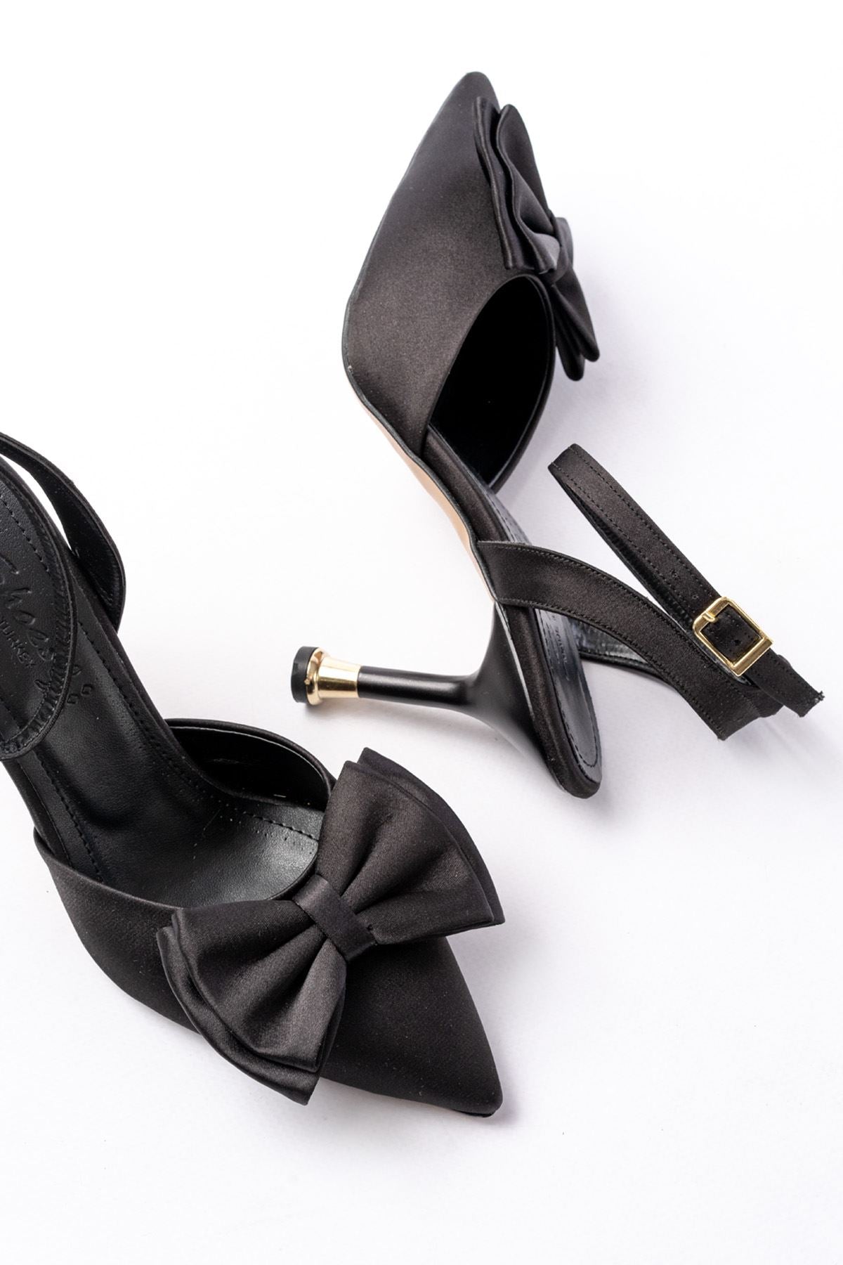 Ayakkabı Aşkı İNF-4505 Siyah Saten Günlük Arkası Açık Kurdele detaylı Topuklu Bayan Ayakkabı