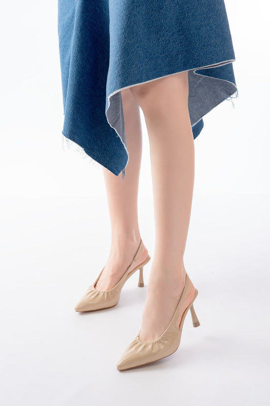 Ayakkabı Aşkı İNF-40451 Bej Kırışık Rugan Günlük Arkası Açık Topuklu Bayan Ayakkabı