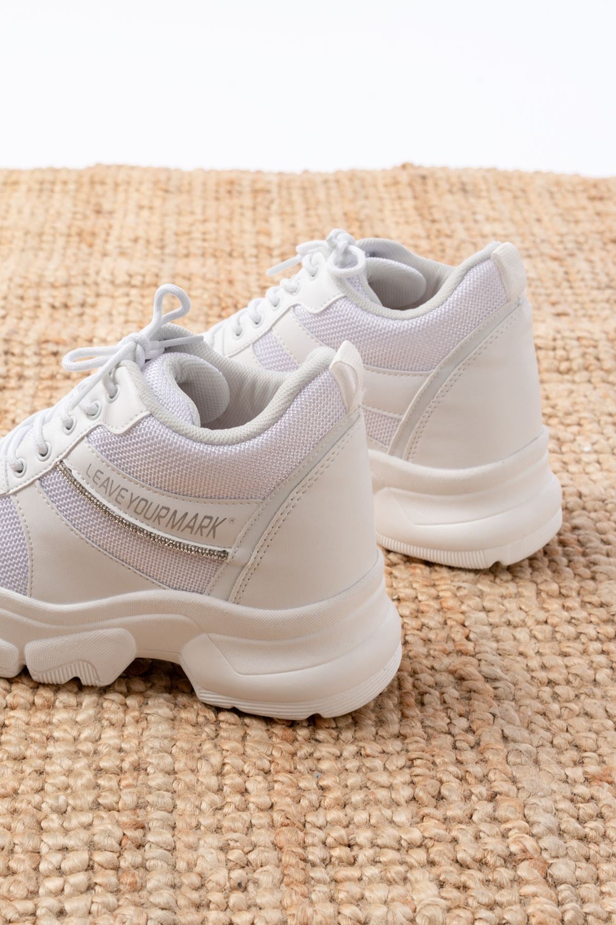 Ayakkabı Aşkı Beyaz Bağcıklı Fileli Taş Aksesuarlı Günlük Spor Ayakkabı