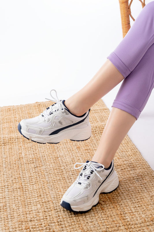 Ayakkabı Aşkı Beyaz Günlük Bağcıklı Lacivert Desenli Yazlık Spor Ayakkabı