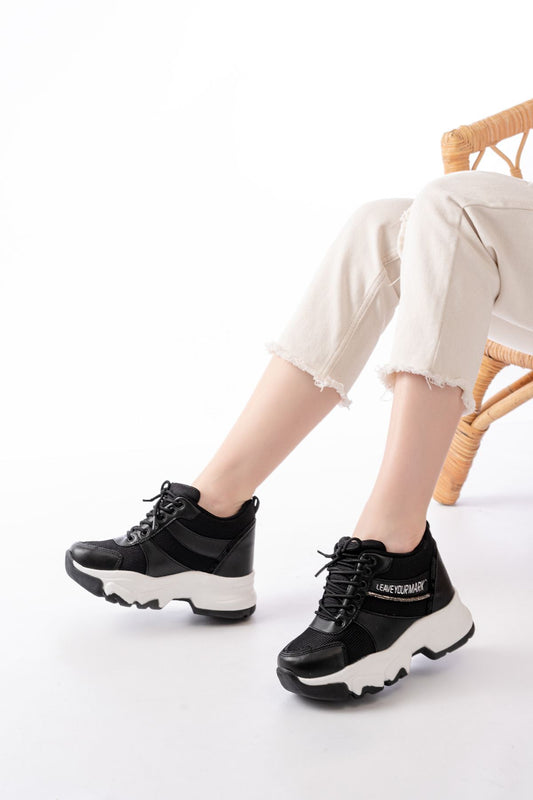 F-209 Siyah Bağcıklı Fileli Taş Aksesuarlı Günlük Spor Ayakkabı - Siyah