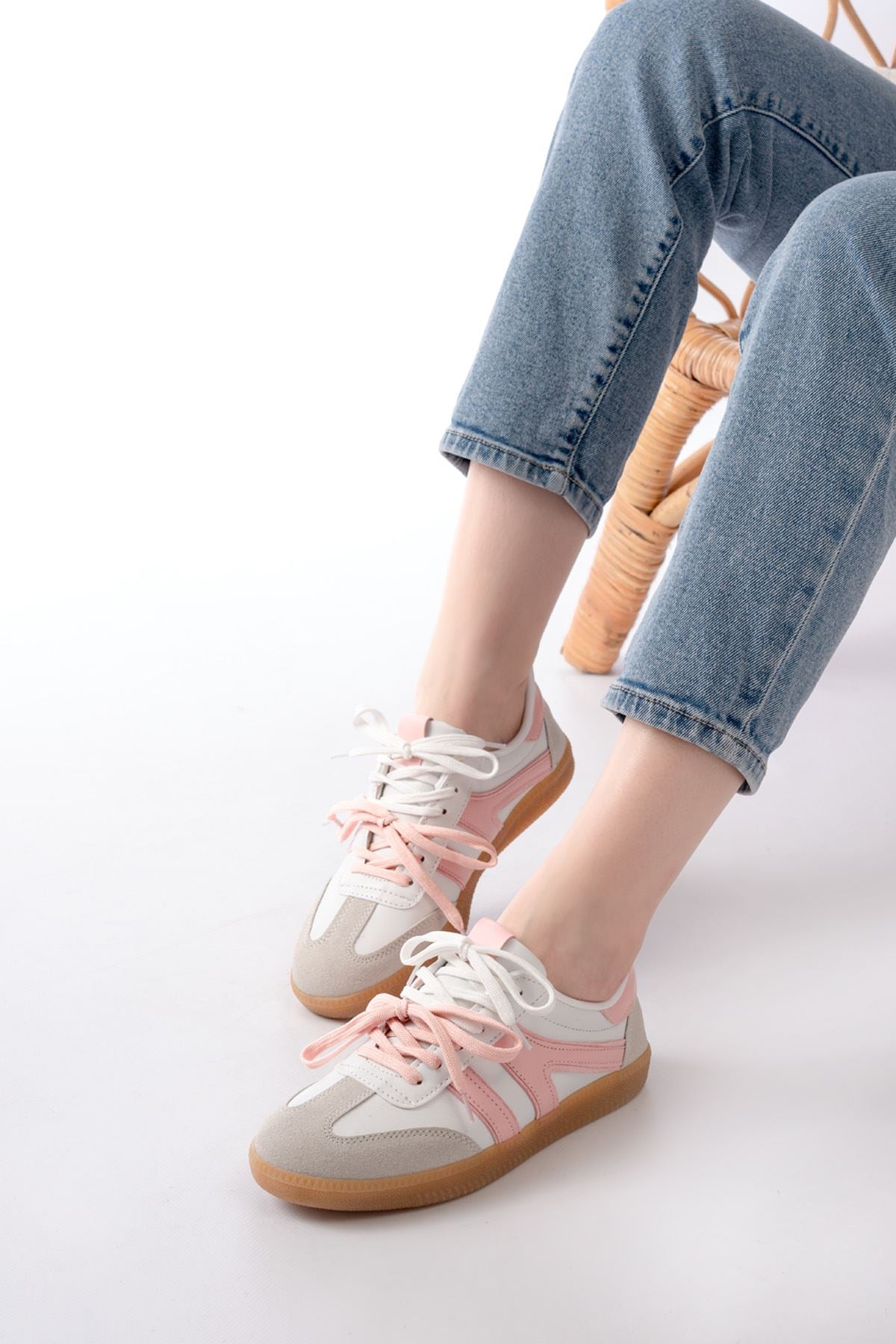 M-6005 Pudra Garni  Bağcıklı Termo Taban Günlük Kadın Spor - Pudra