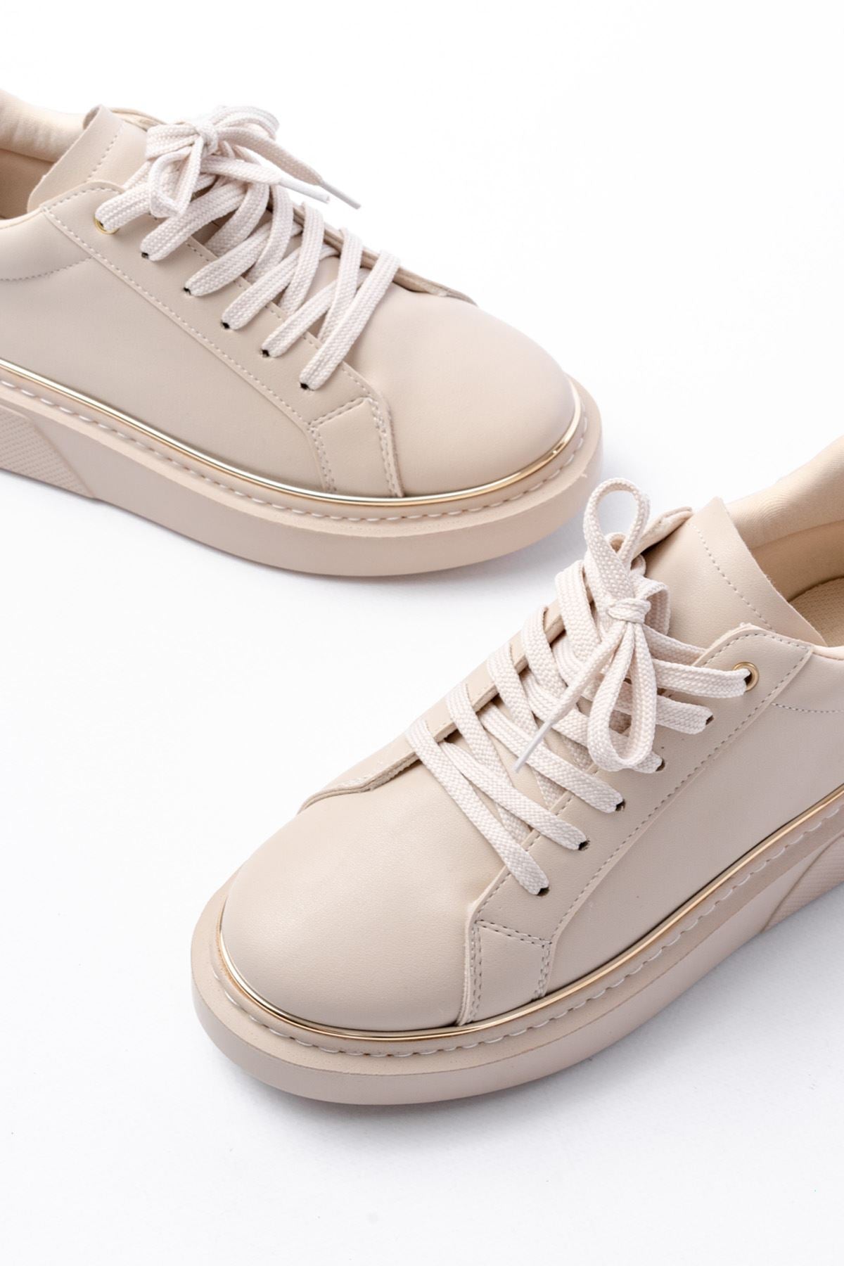 Ayakkabı Aşkı Bej Roze Bağcıklı Dikişli Günlük Spor Ayakkabı