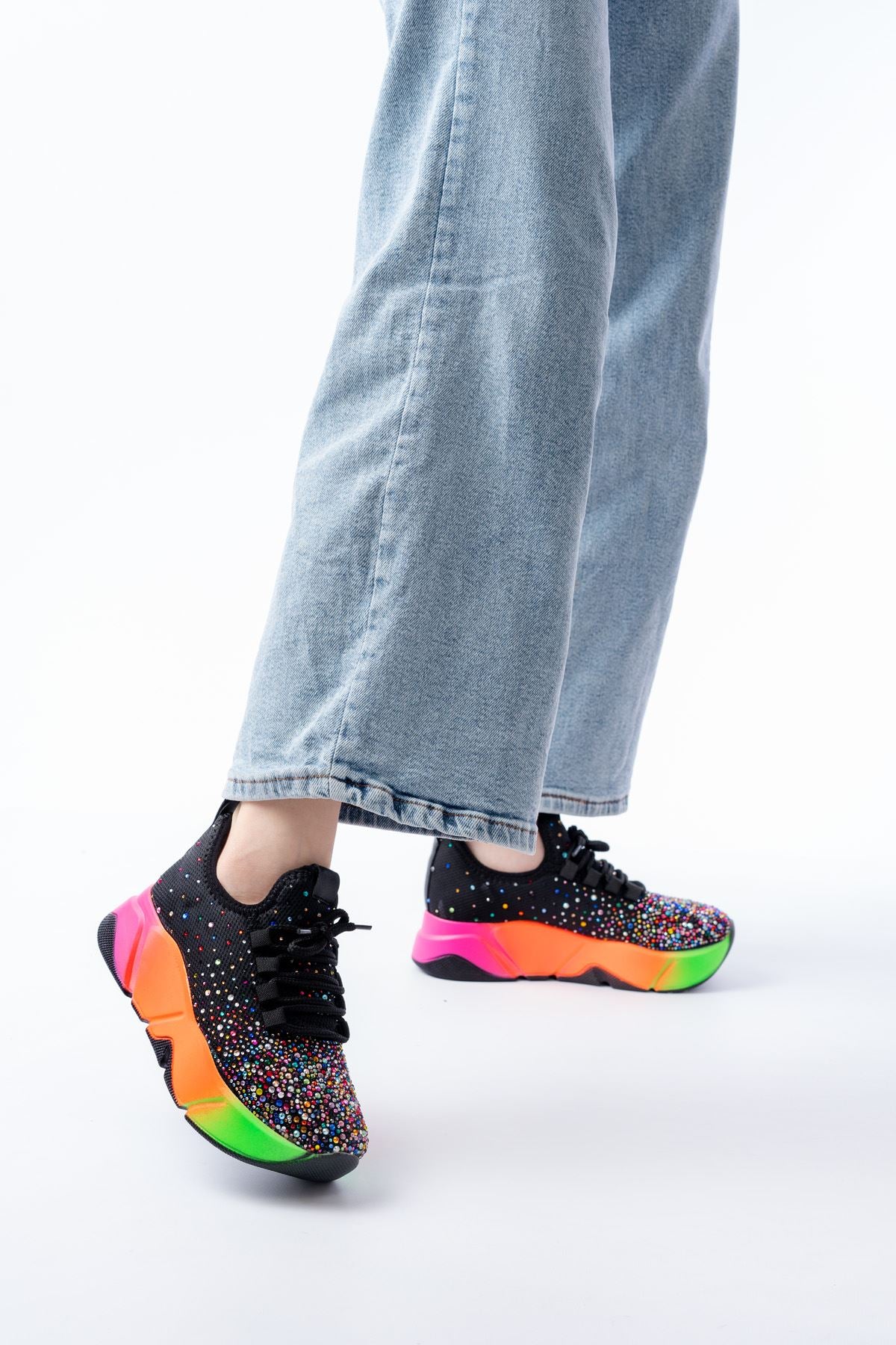 RS-403  Siyah Bağcıklı Fileli Multi Taşlı Renkli Taban Günlük Kadın Spor - Multi