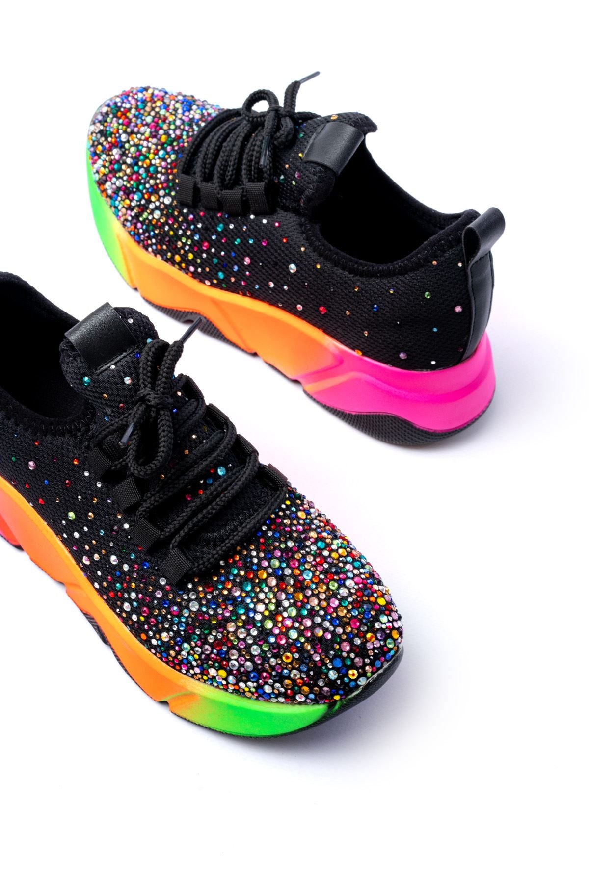 Ayakkabı Aşkı Siyah Bağcıklı Fileli Multi Taşlı Renkli Taban Günlük Kadın Spor