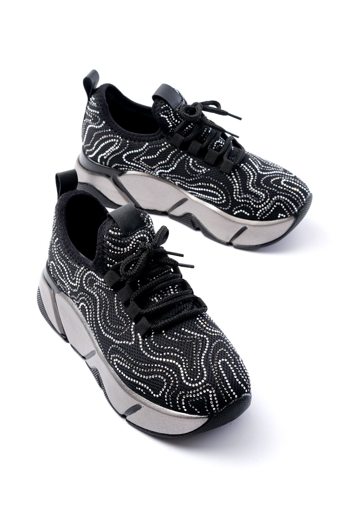 Ayakkabı Aşkı Siyah Bağcıklı Fileli Taşlı Platin Taban Günlük Kadın Spor