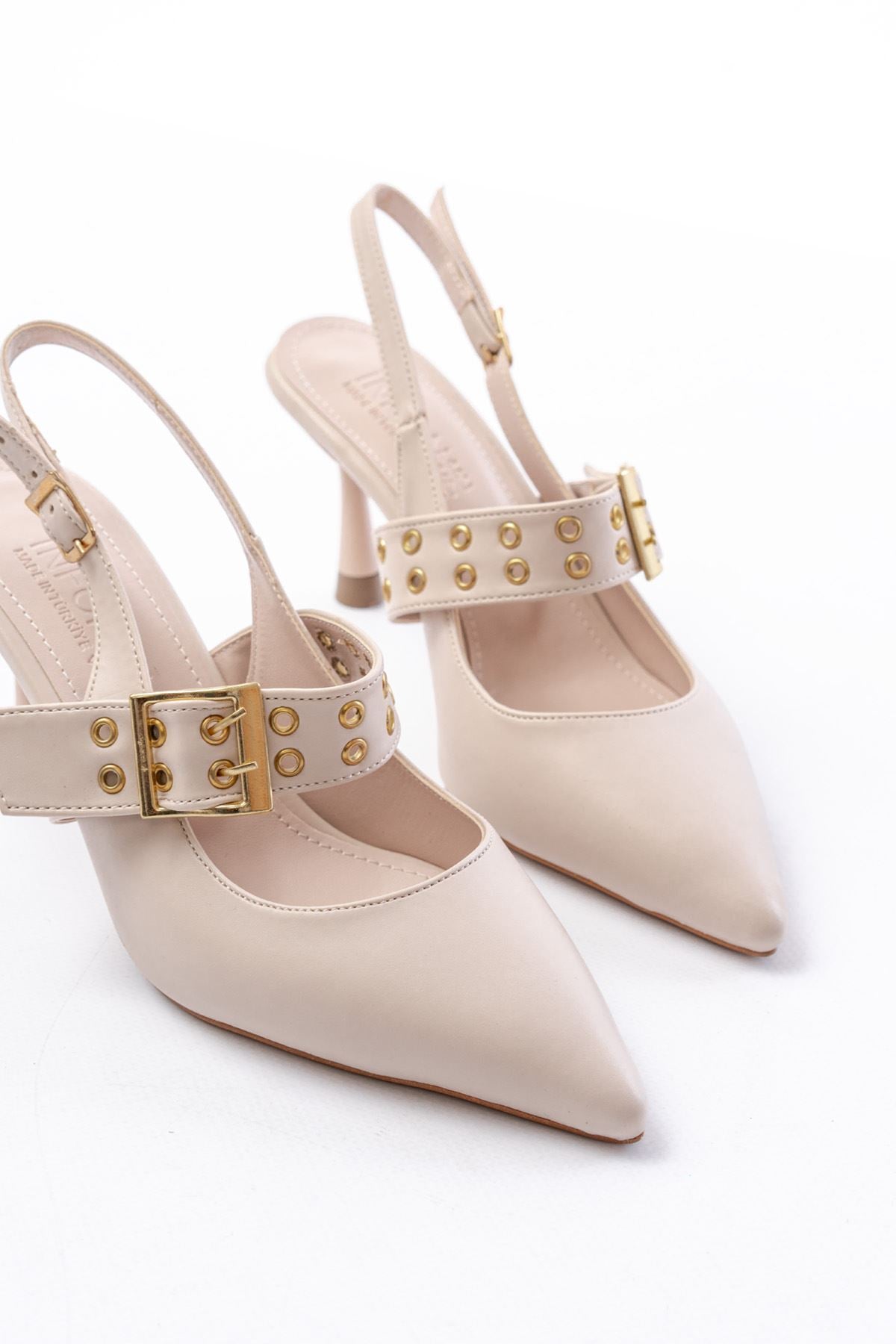 Ayakkabı Aşkı İNF-26 Bej Günlük Arkası Açık Baret Tokalı Topuklu Bayan Ayakkabı