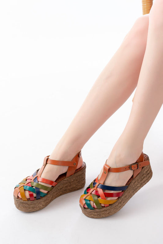 684-02 Taba Multi Ortopedik Hakiki Deri Dolgu Kadın Sandalet - Multi