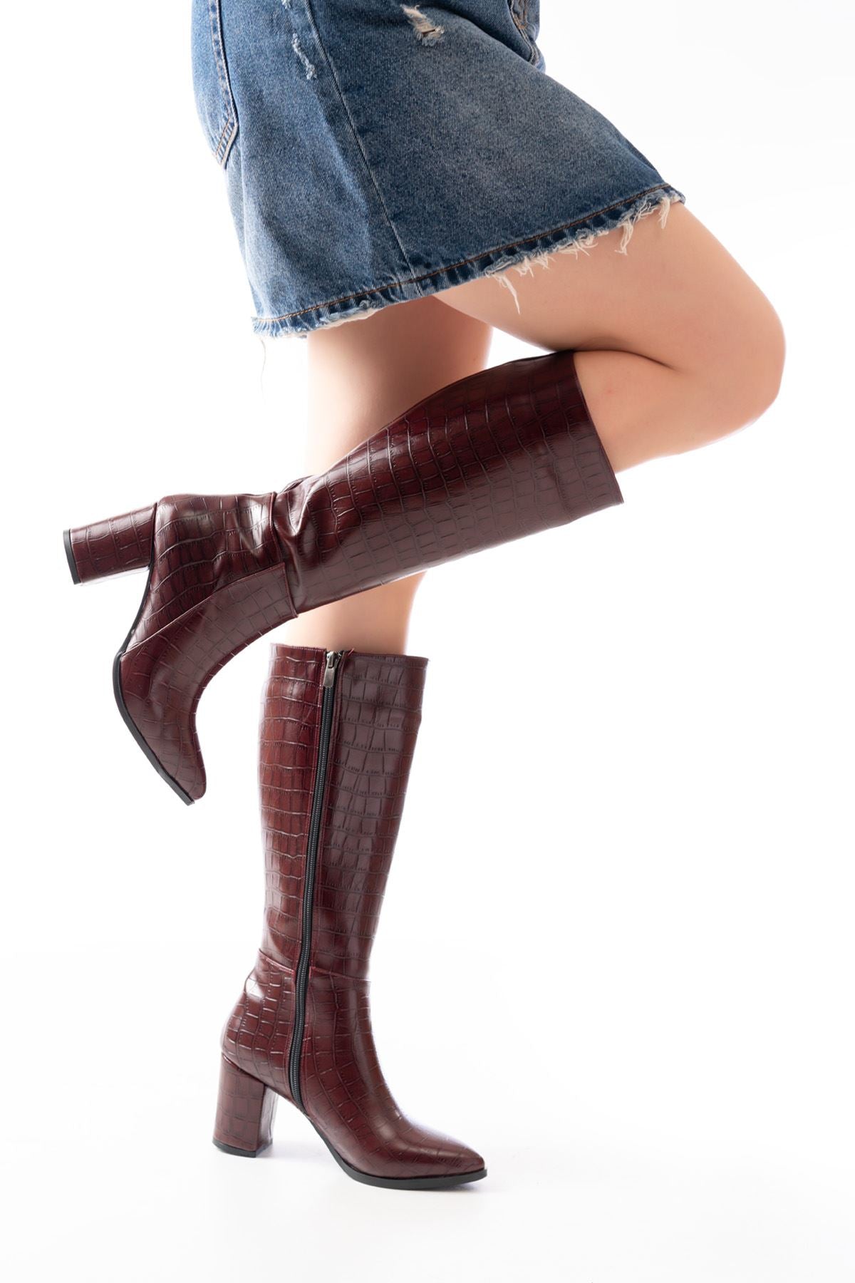 Ayakkabı Aşkı Bordo Kroko Topuklu Kadın Çizme