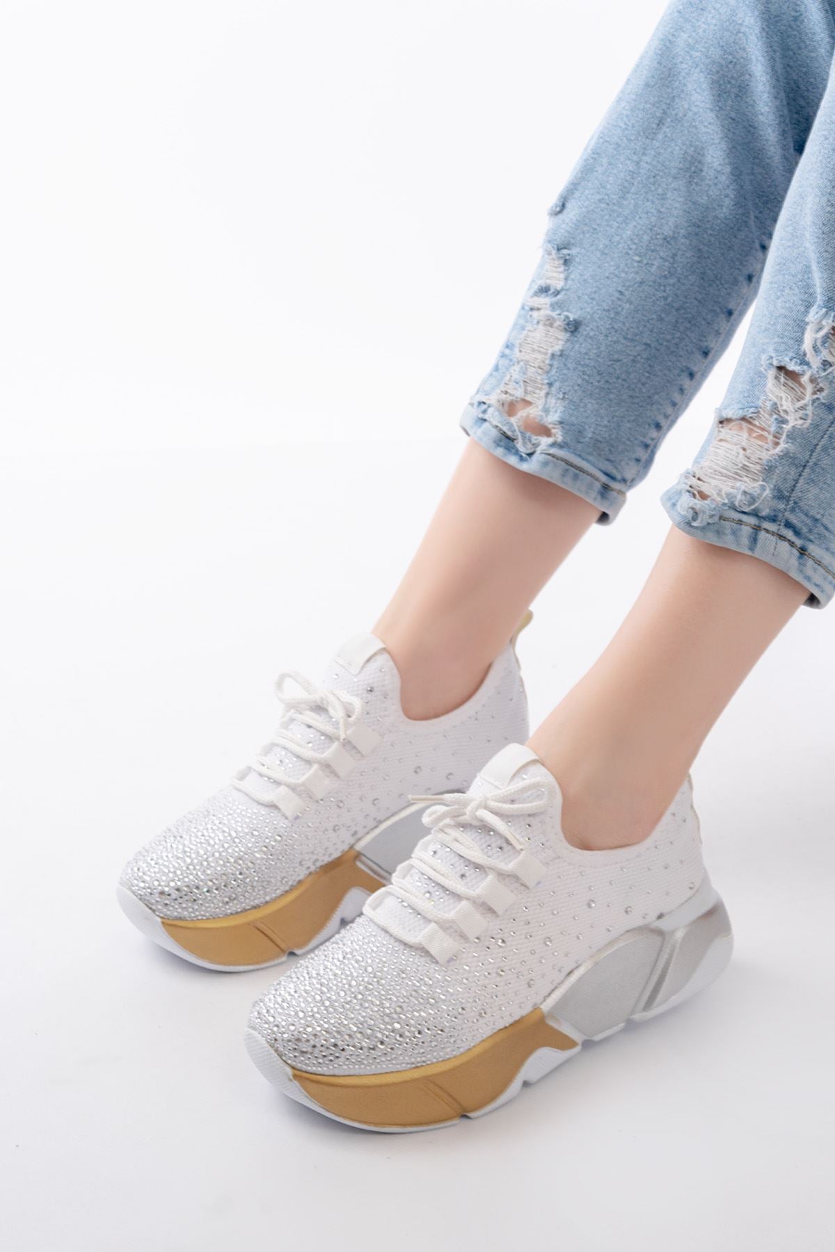 Ayakkabı Aşkı Beyaz Bağcıklı Fileli Gümüş Taşlı Günlük Kadın Spor