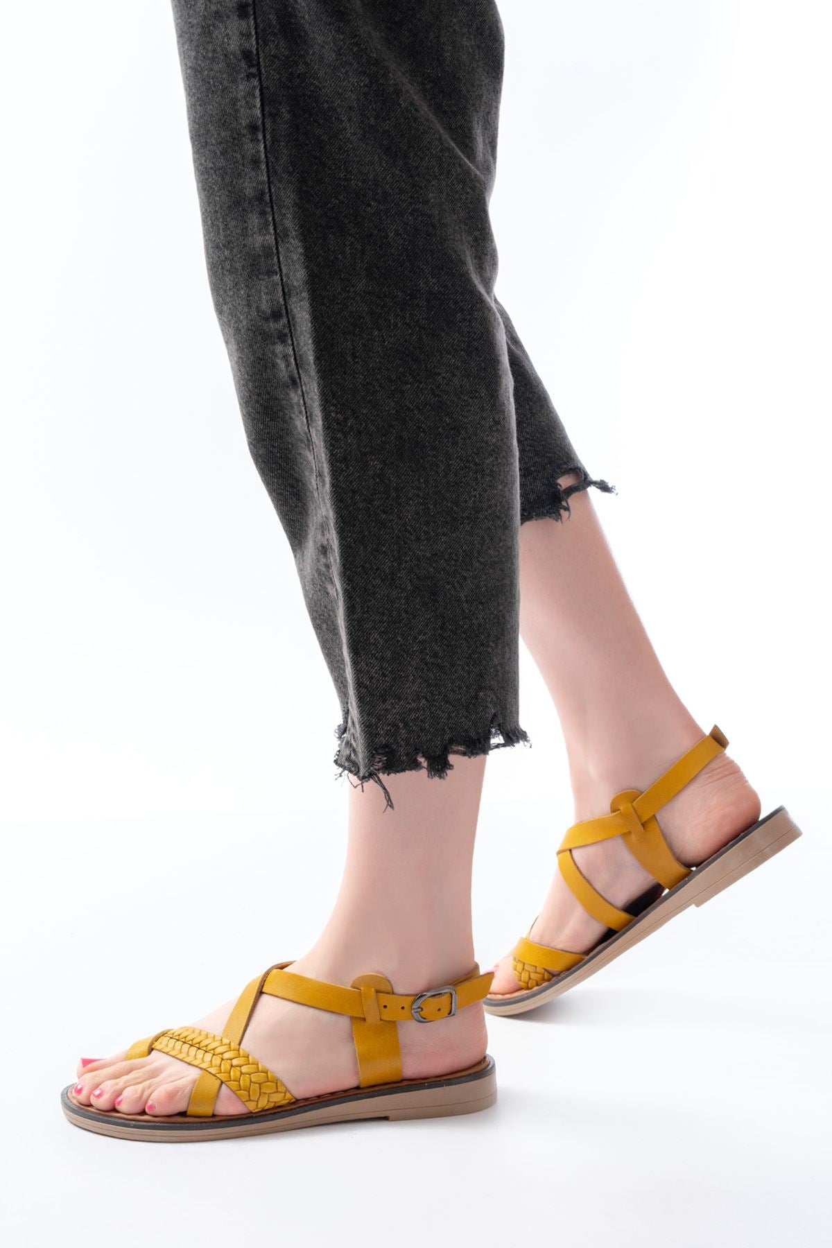 Ayakkabı Aşkı Hardal Ortopedik Hakiki Deri Kadın Sandalet