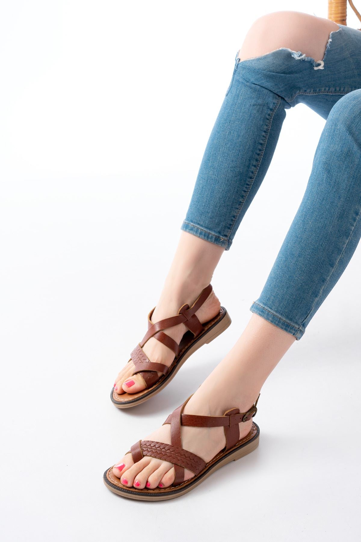 Ayakkabı Aşkı Koyu Kahve Ortopedik Hakiki Deri Kadın Sandalet