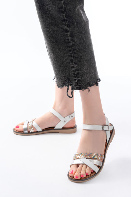 Ayakkabı Aşkı Beyaz Garni Ortopedik Hakiki Deri Kadın Sandalet