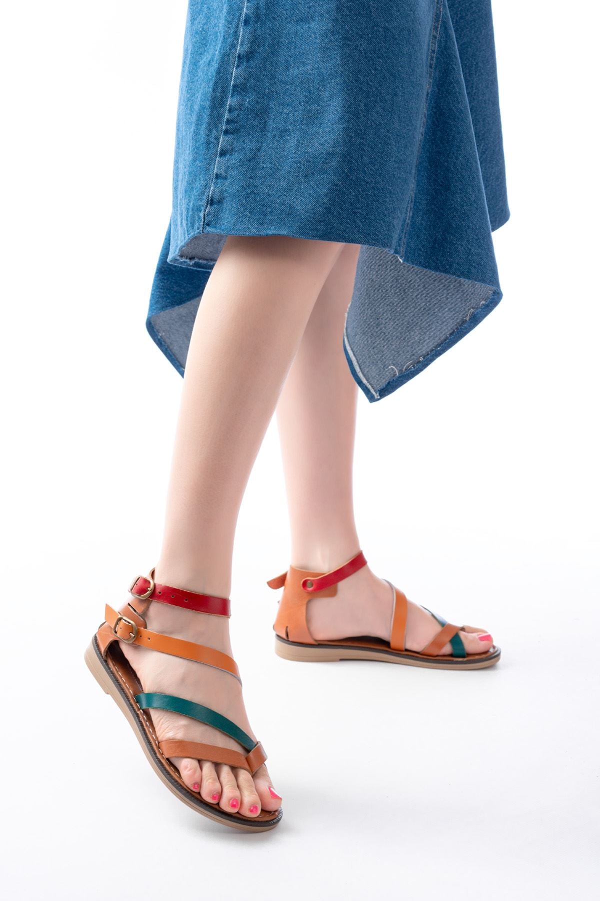 205-039 Taba Multi Bilekten Bağlamalı Parmak Arası Kadın Sandalet - Taba Multi