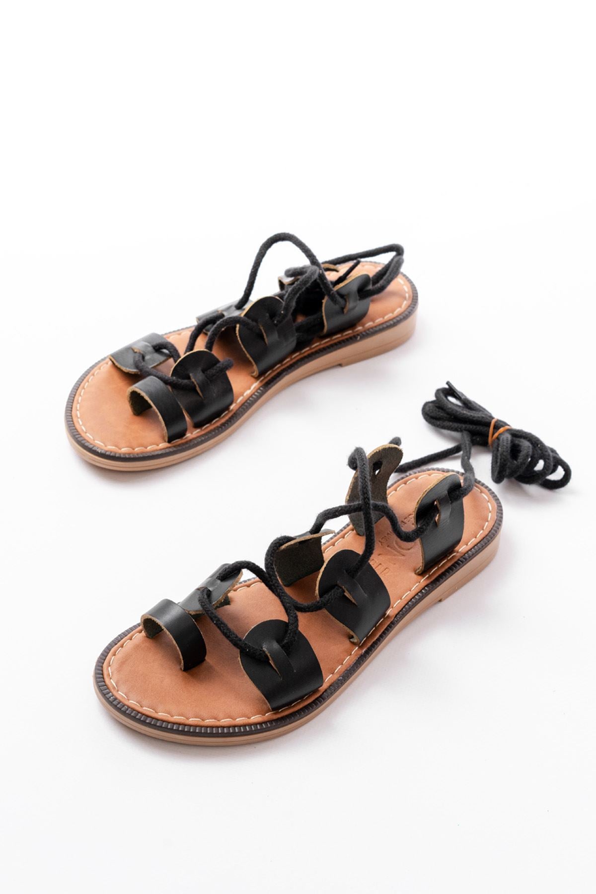 Ayakkabı Aşkı Siyah Bilekten Bağlamalı Ortopedik Hakiki Deri Kadın Sandalet