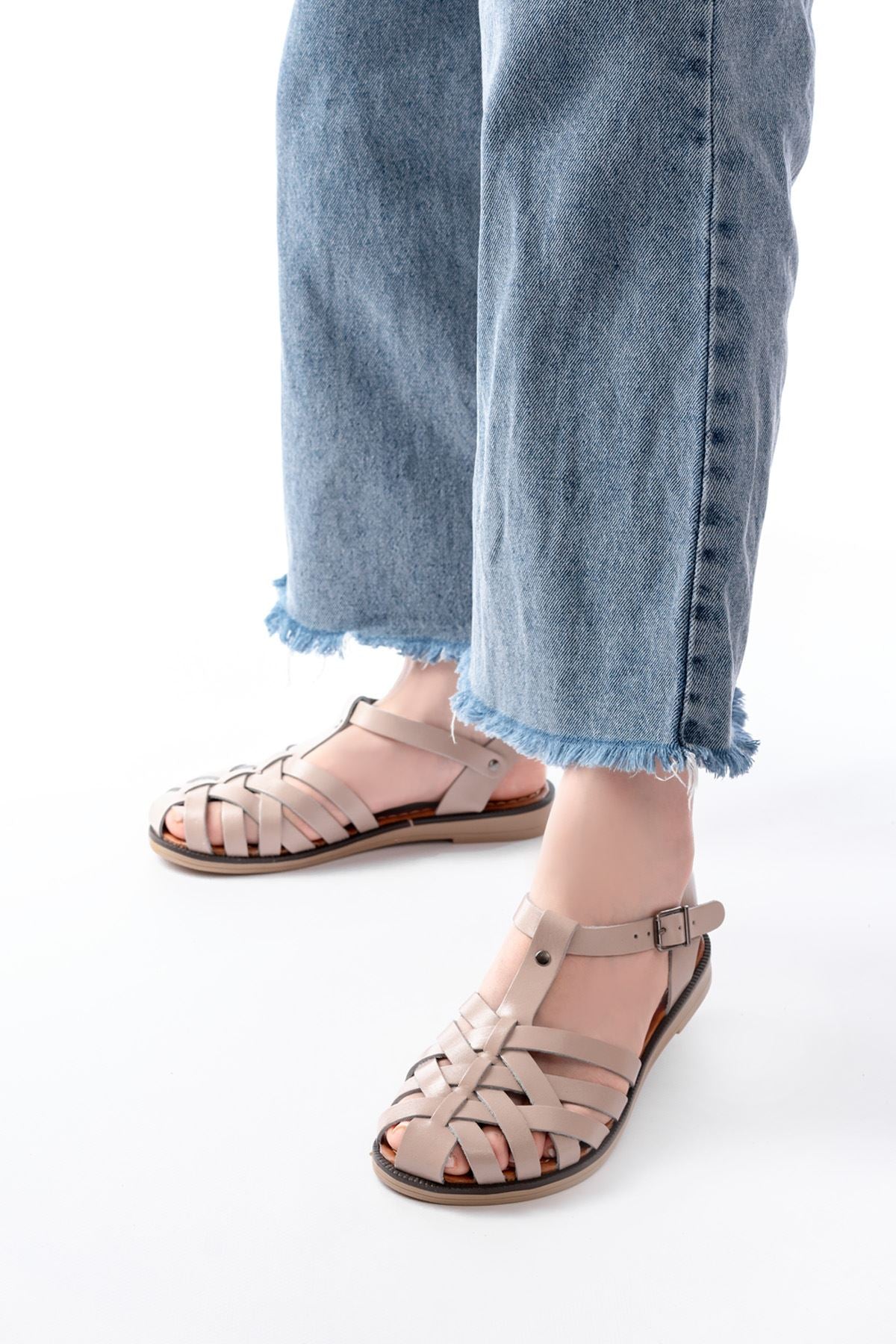 205-02 Bej Ortopedik Hakiki Deri Kadın Sandalet - Bej