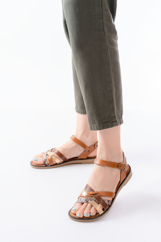 Ayakkabı Aşkı Taba Garni Hakiki Deri Ortopedik Taban Kadın Sandalet