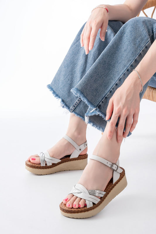 Ayakkabı Aşkı Beyaz Ayna Hakiki Deri Ortopedik Taban Kadın Sandalet