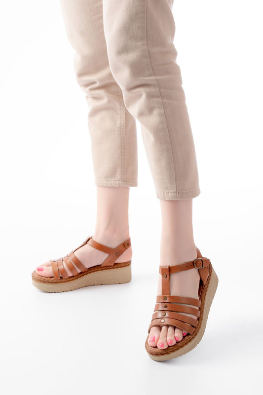 Ayakkabı Aşkı Taba Hakiki Deri Ortopedik Taban Kadın Sandalet