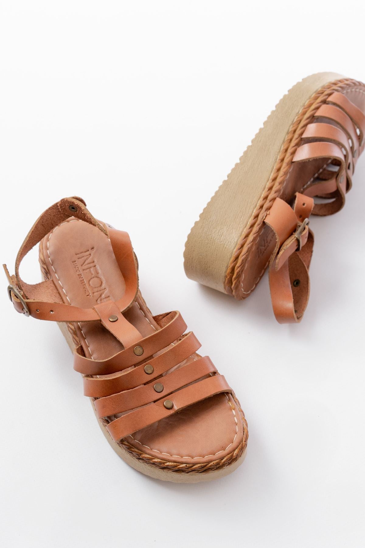 Ayakkabı Aşkı Taba Hakiki Deri Ortopedik Taban Kadın Sandalet