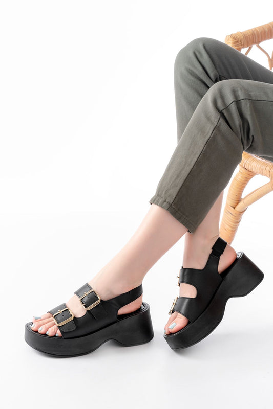 24414-572 Siyah Tokalı  Günlük Dolgu Topuk Kadın Sandalet - Siyah