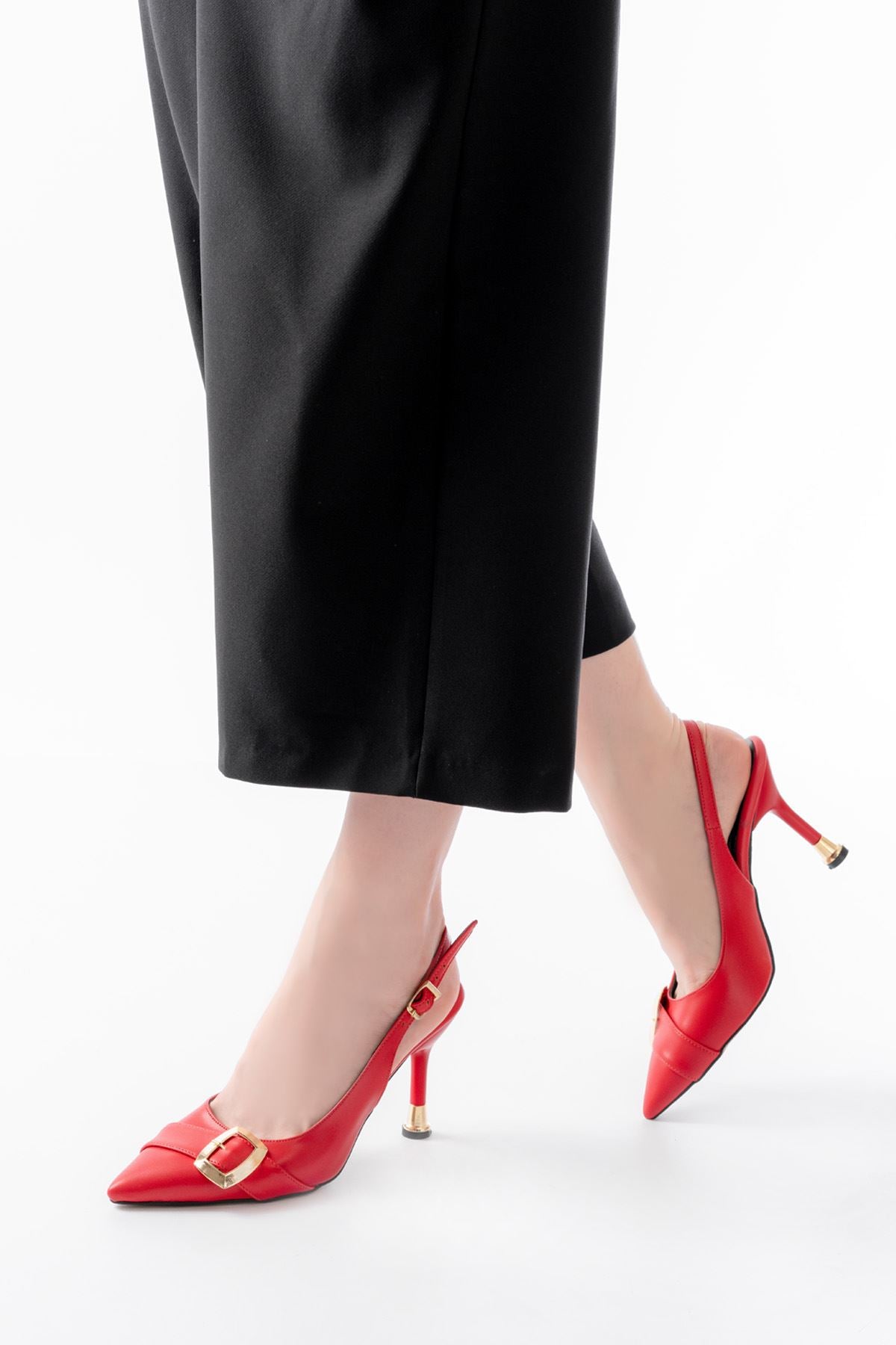 İNF-1151 Kırmızı Günlük Arkası Açık Topuklu Bayan Ayakkabı - Kırmızı