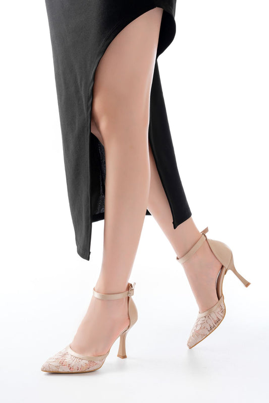 K-404 Bej Fileli Çiçek Detaylı  Kadın Topuklu Ayakkabı - Bej