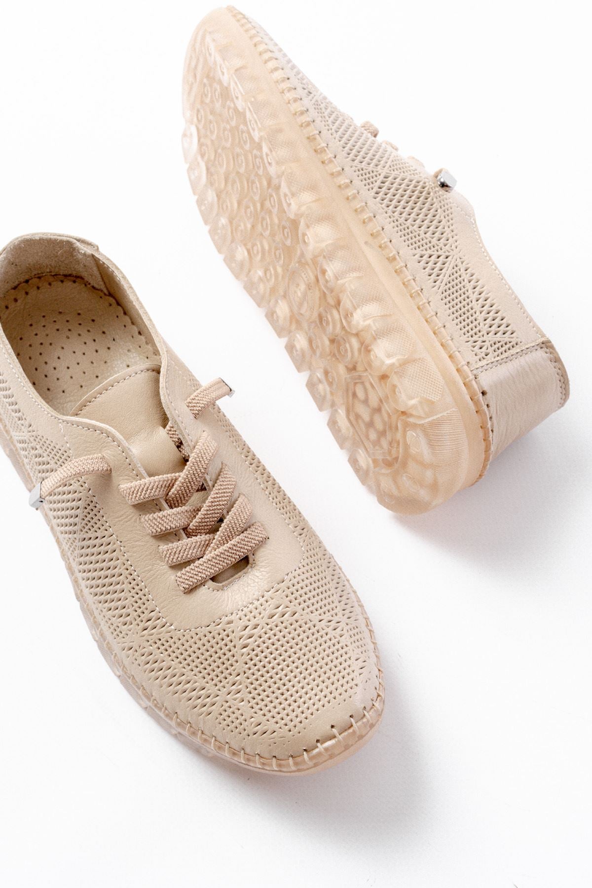 Ayakkabı Aşkı Bej Desenli Hakiki Deri Şeffaf Taban Kadın Spor Ayakkabı