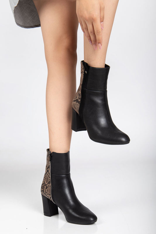 Ayakkabı Aşkı 292 Siyah Leopar Desen Detaylı Fermuarlı Yüksek Topuklu Günlük Kadın Bot