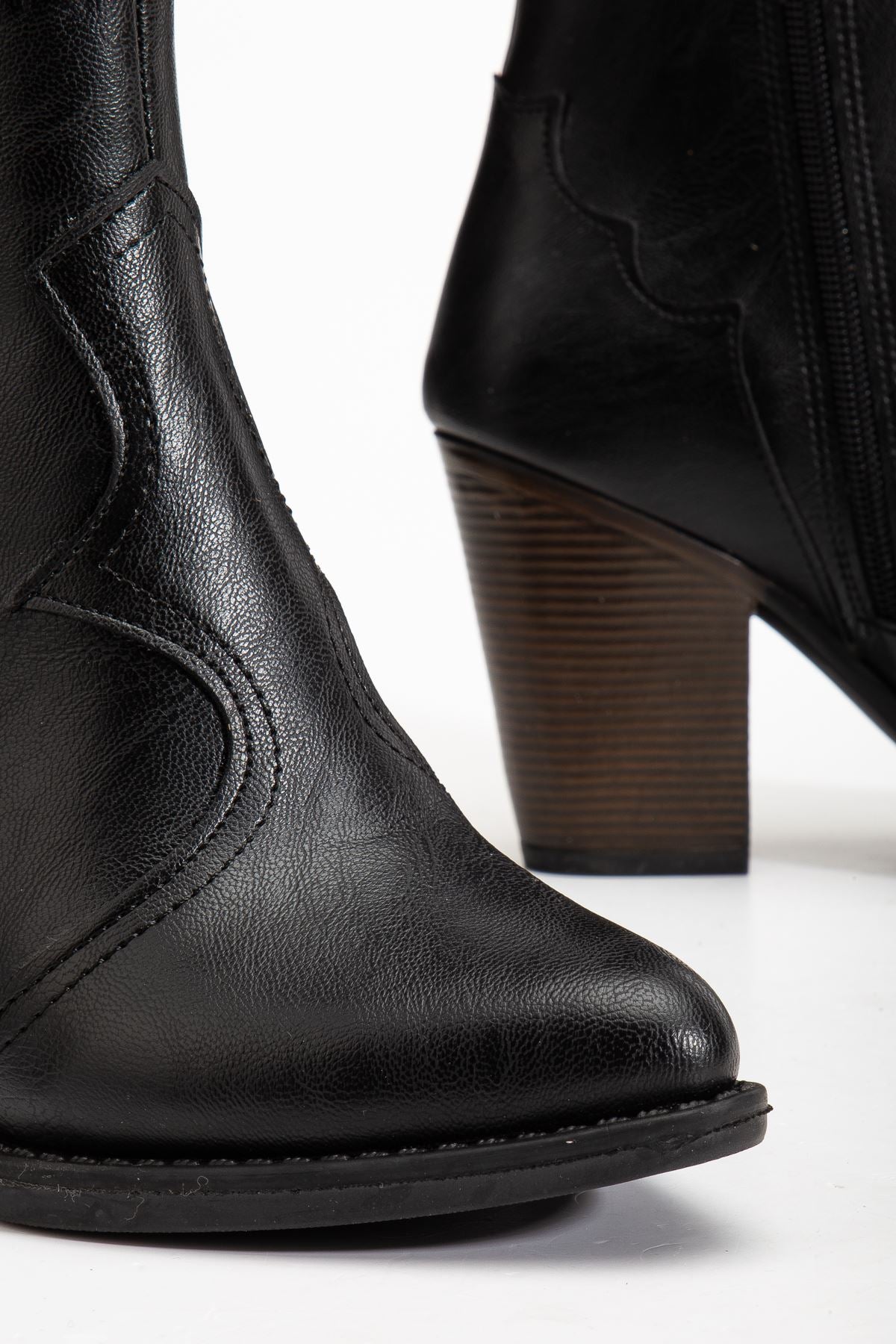 Ayakkabı Aşkı 117 Siyah Kovboy Dikiş Detaylı Fermuarlı Yüksek Topuklu Günlük Kadın Bot