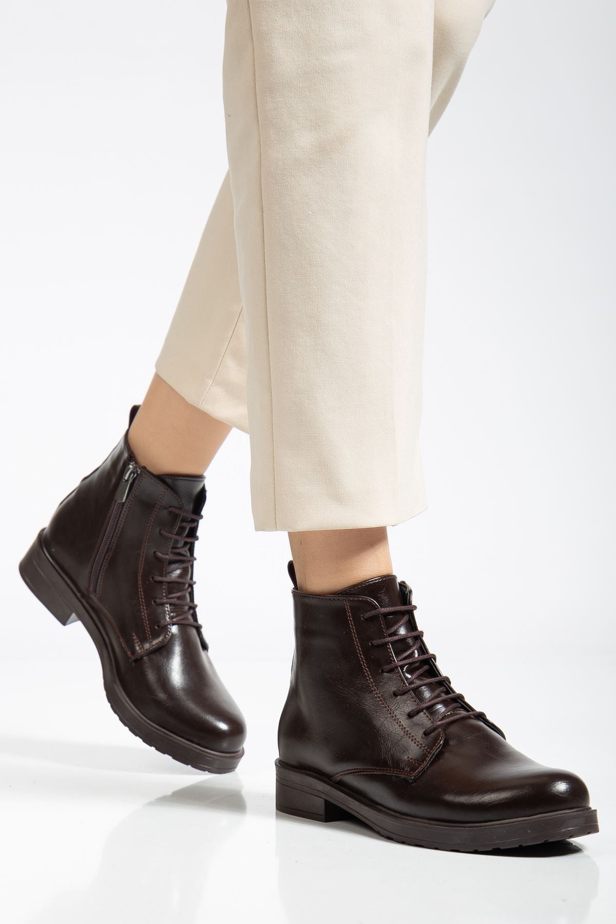 Ayakkabı Aşkı Kahve Yanki Bağcıklı Fermuarlı Günlük Kadın Bot