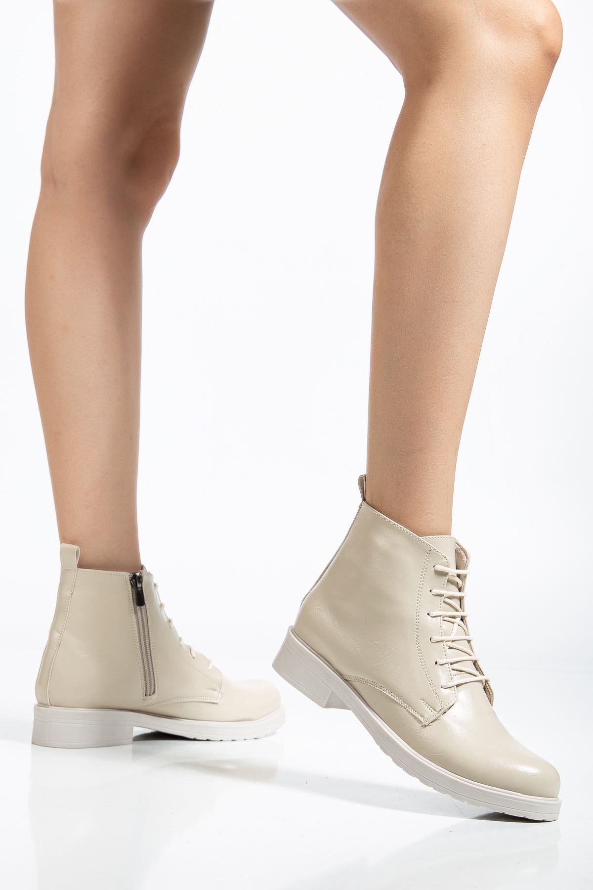 Ayakkabı Aşkı Bej Yanki Bağcıklı Fermuarlı Günlük Kadın Bot