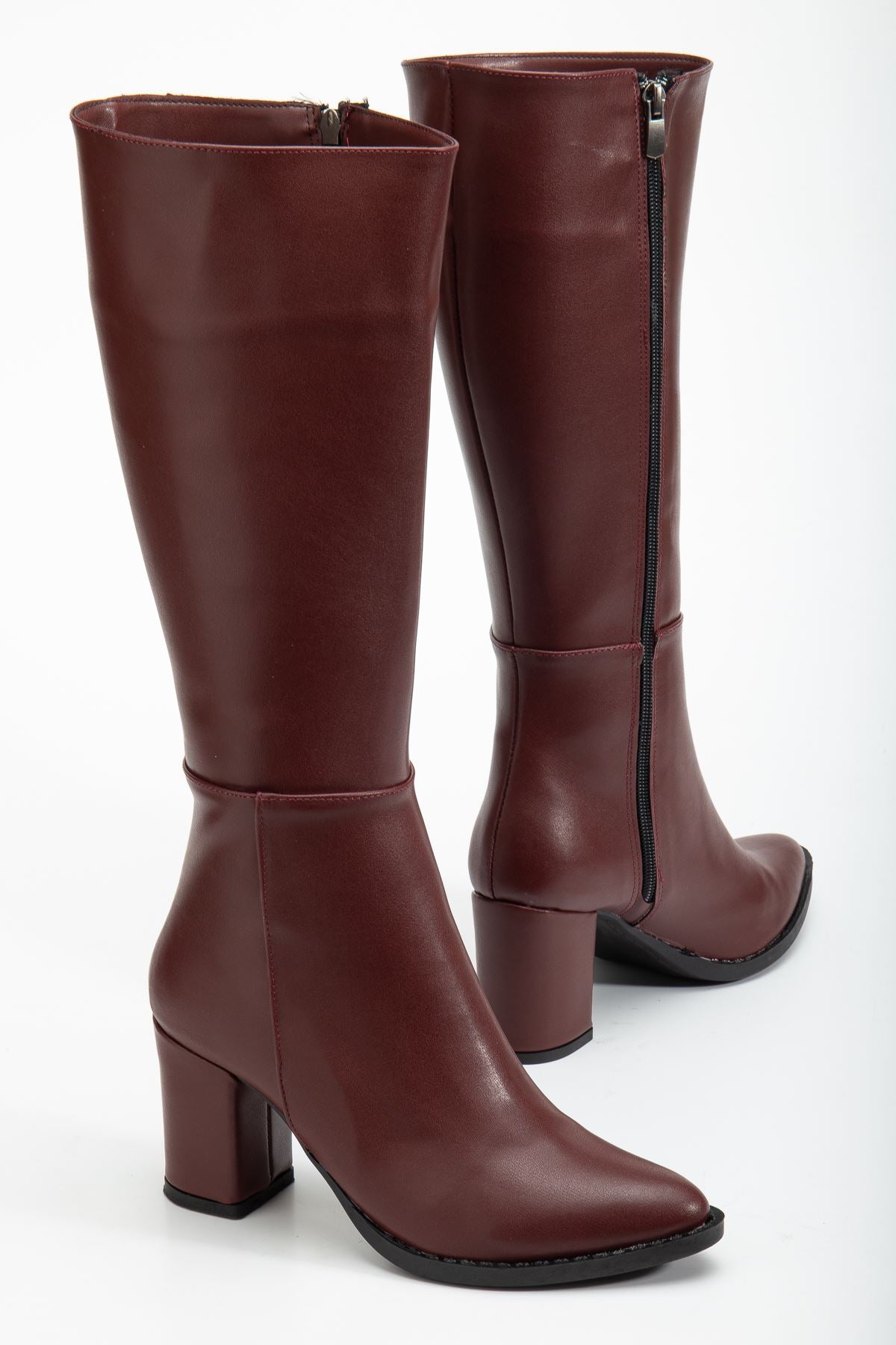 Ayakkabı Aşkı Bordo Cilt Topuklu Kadın Çizme
