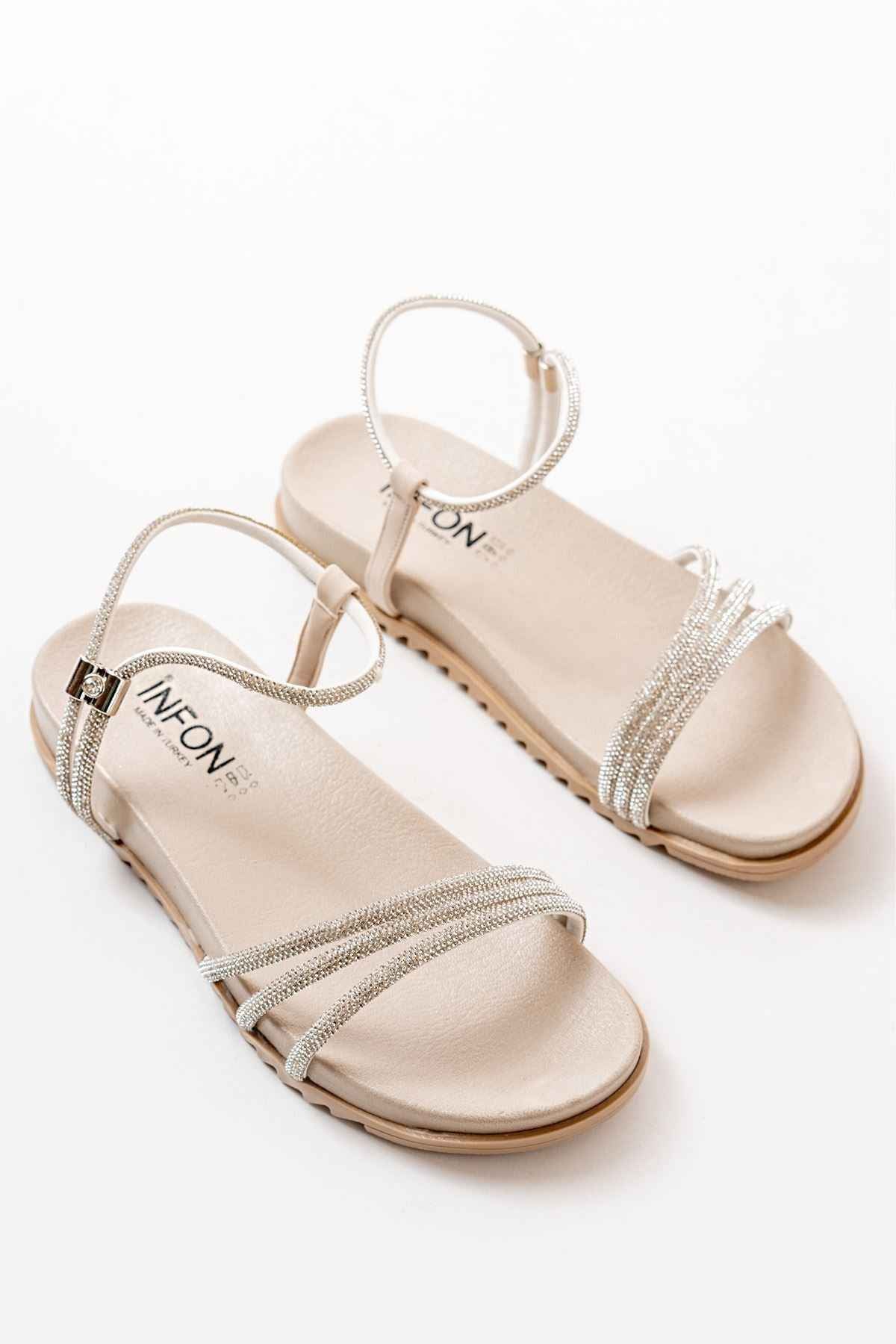 Ayakkabı Aşkı 1001-1100 Bej Gümüş Taşlı Günlük Kadın Sandalet