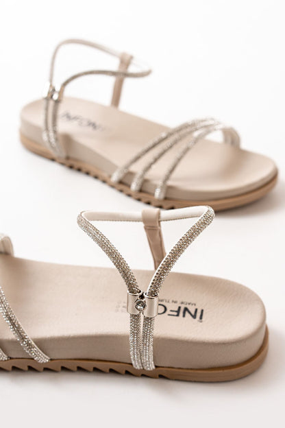 Ayakkabı Aşkı Bej Gümüş Taşlı Günlük Kadın Sandalet