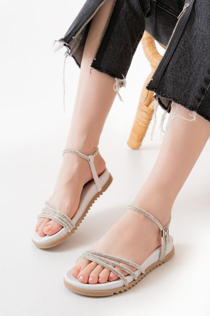 Ayakkabı Aşkı Beyaz Gümüş Taşlı Günlük Kadın Sandalet