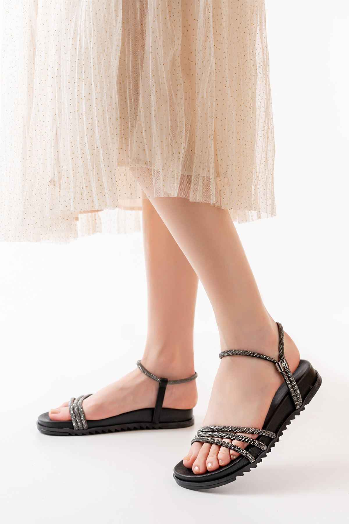 Ayakkabı Aşkı 1001-1100 Siyah Platin Taşlı Günlük Kadın Sandalet