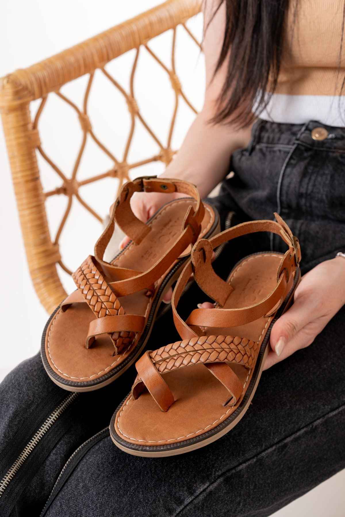 Ayakkabı Aşkı 205-09 Taba Ortopedik Hakiki Deri Kadın Sandalet