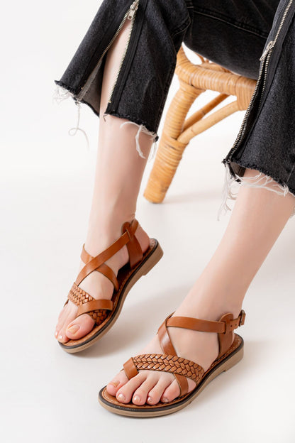 Ayakkabı Aşkı Taba Ortopedik Hakiki Deri Kadın Sandalet